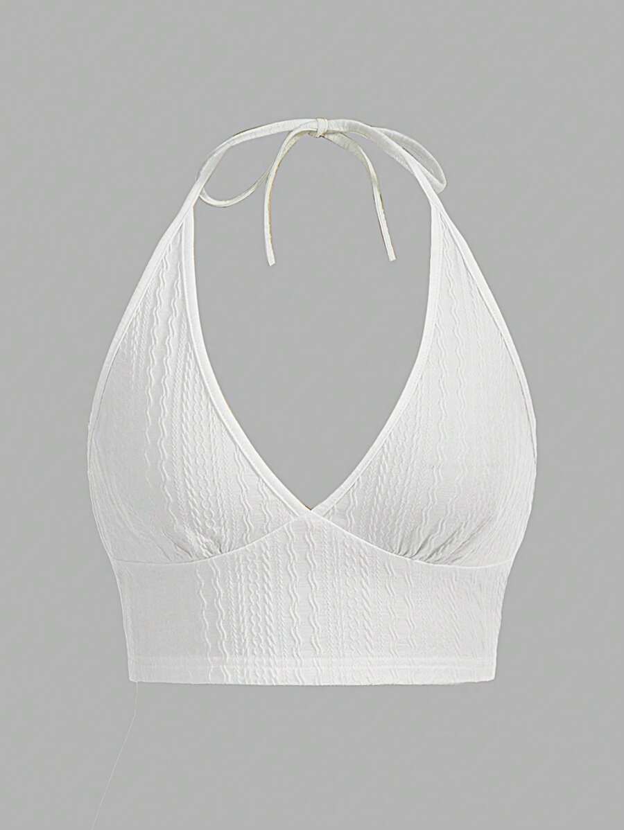 SHEIN EZwear Summer Solid Backless Crop Halter Top - White - View 1