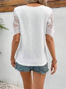SHEIN Frenchy Contrast Guipure Lace Tee - White - View 2
