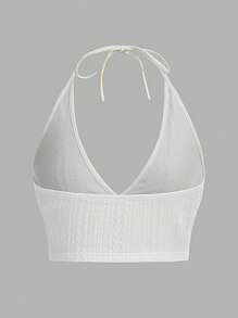 SHEIN EZwear Summer Solid Backless Crop Halter Top - White - View 2