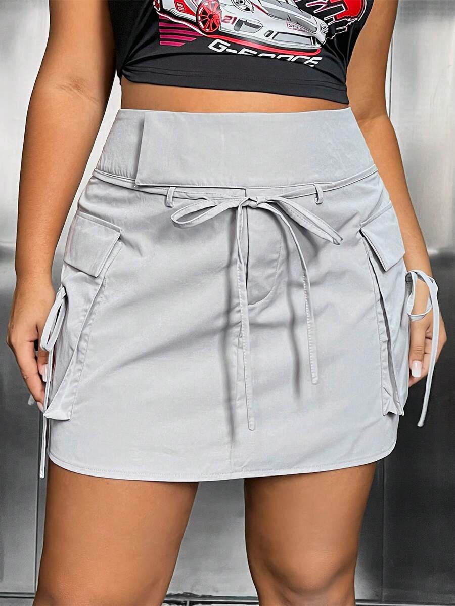 SHEIN Coolane Hơn Túi có nắp Thắt lưng Váy chở hàng - Xám - Xem 1