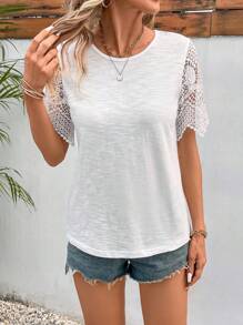 SHEIN Frenchy Contrast Guipure Lace Tee - White - View 3