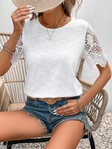 SHEIN Frenchy Contrast Guipure Lace Tee - White - View 6