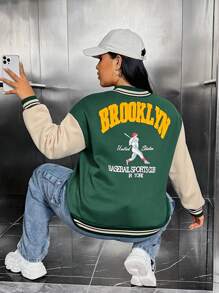 SHEIN EZwear Hơn Đồ họa Chữ cái Sọc trang trí Thả vai Hai âm Áo khoác - màu xanh lá - Xem 1