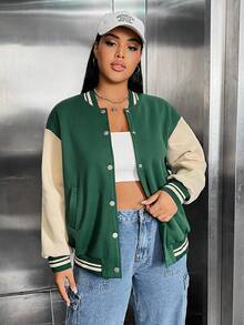 SHEIN EZwear Hơn Đồ họa Chữ cái Sọc trang trí Thả vai Hai âm Áo khoác - màu xanh lá - Xem 2