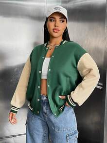 SHEIN EZwear Hơn Đồ họa Chữ cái Sọc trang trí Thả vai Hai âm Áo khoác - màu xanh lá - Xem 3