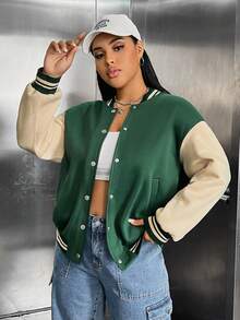 SHEIN EZwear Hơn Đồ họa Chữ cái Sọc trang trí Thả vai Hai âm Áo khoác - màu xanh lá - Xem 5