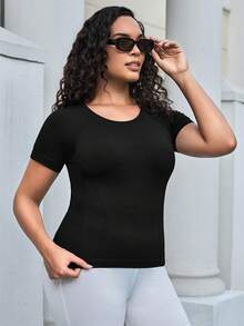 SHEIN Sports 大碼素色插肩袖運動T恤 - 黑色 - 查看 3