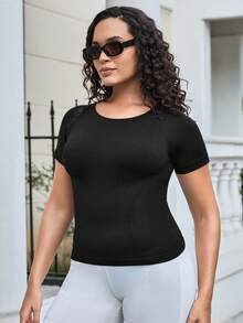 SHEIN Sports 大碼素色插肩袖運動T恤 - 黑色 - 查看 5