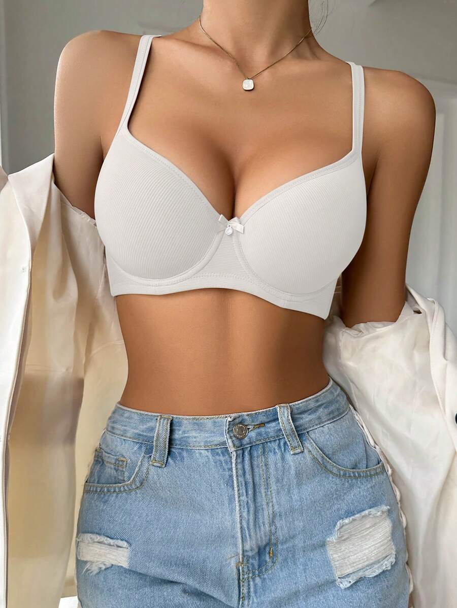 Women's Casual White Plain Fabric Bra With Bow Detail Medium Stretch - White - View 1