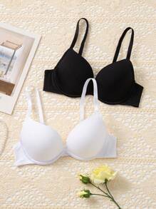 Casual Black And White Push Up Bra With Medium Stretch Plain Fabric Design - Black and White - View 1