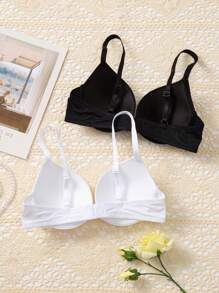 Casual Black And White Push Up Bra With Medium Stretch Plain Fabric Design - Black and White - View 2