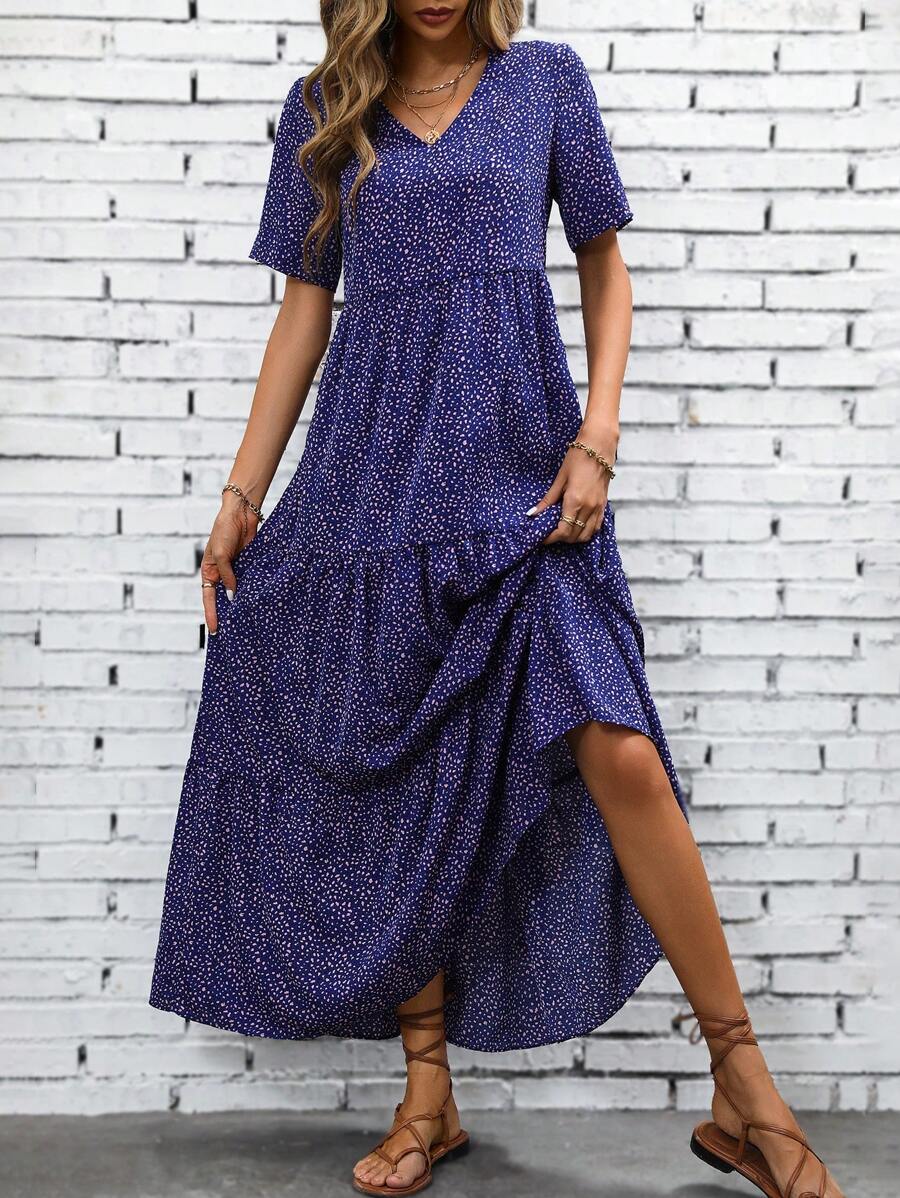 EMERY ROSE 满版印花荷叶边下摆罩衫长款女装 - 紫色 - 查看 1