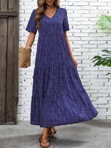 EMERY ROSE 满版印花荷叶边下摆罩衫长款女装 - 紫色 - 查看 3