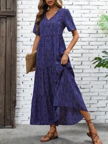 EMERY ROSE 满版印花荷叶边下摆罩衫长款女装 - 紫色 - 查看 4