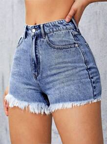 花卉刺繡毛邊牛仔短褲 - 中等水洗藍 - 查看 2