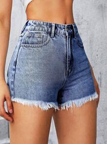 花卉刺繡毛邊牛仔短褲 - 中等水洗藍 - 查看 6