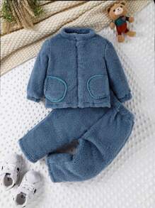 Đứa bé gái Túi Kép Tương phản ràng buộc Áo Teddy Jackets
   & Quần - Màu xanh bụi bặm - Xem 1