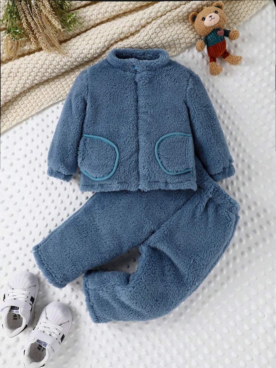 Đứa bé gái Túi Kép Tương phản ràng buộc Áo Teddy Jackets
   & Quần - Màu xanh bụi bặm - Xem 1