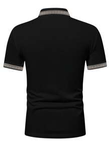 Manfinity Homme 男士休閒馬匹印花對比飾邊鈕扣高爾夫 Polo 衫，適合工作穿著，男友禮物，純棉，正式款 - 黑色 - 查看 2