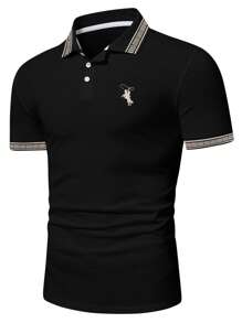 Manfinity Homme 男士休閒馬匹印花對比飾邊鈕扣高爾夫 Polo 衫，適合工作穿著，男友禮物，純棉，正式款 - 黑色 - 查看 4