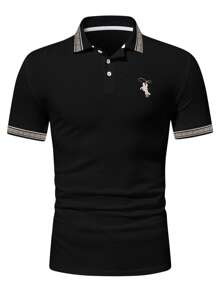 Manfinity Homme 男士休閒馬匹印花對比飾邊鈕扣高爾夫 Polo 衫，適合工作穿著，男友禮物，純棉，正式款 - 黑色 - 查看 5