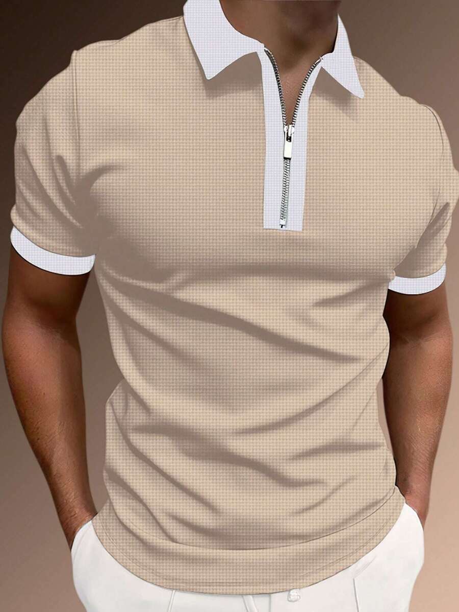Manfinity Homme Men Half Zip Polo Shirts, For Golf - Khaki - View 1
