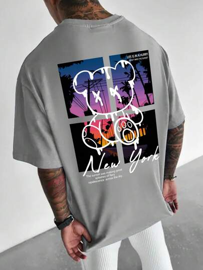 Manfinity Homme Loose Fit Men's Cartoon Bear & Slogan Graphic T-Shirt