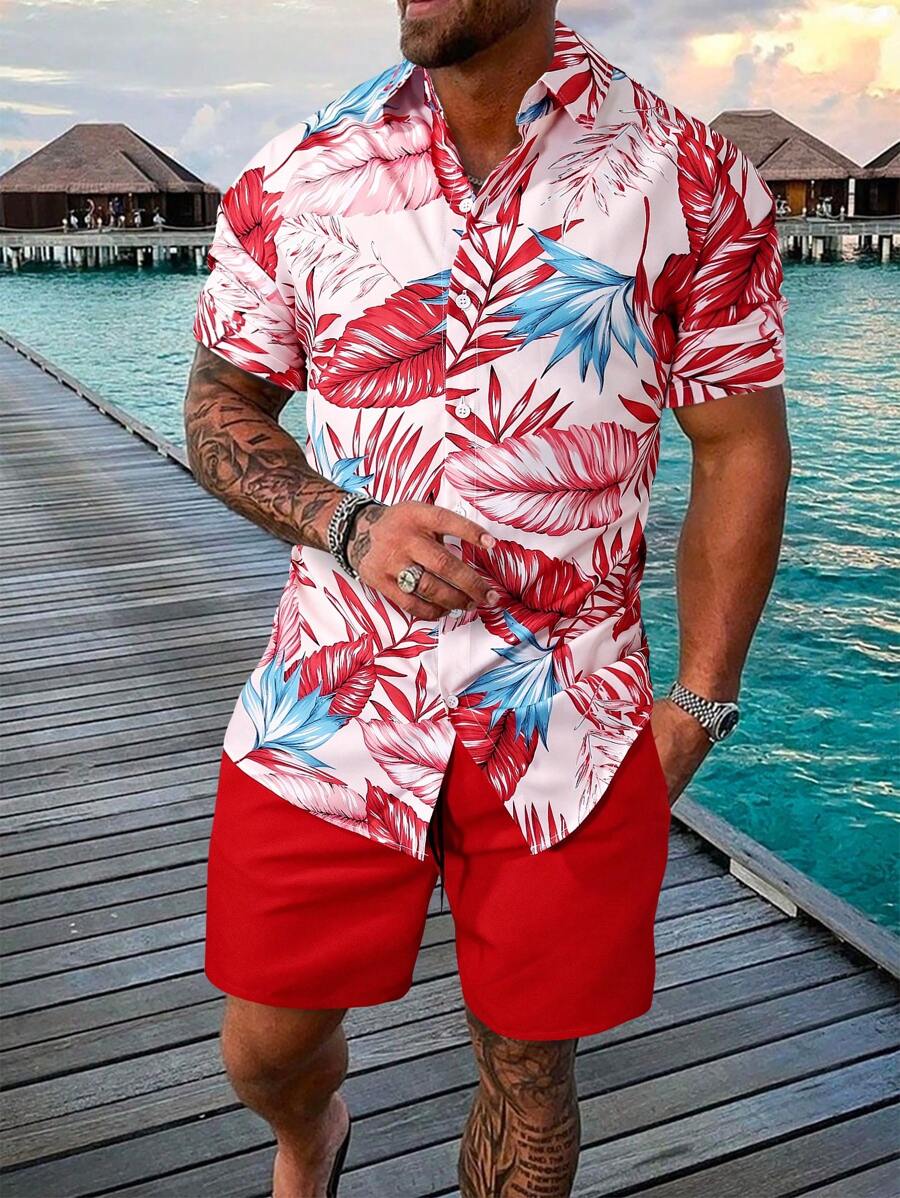 Manfinity RSRT Men Beach Outfits Tropical Print Shirt & Drawstring Waist Shorts Without Tee, Vacation, Cozy Outfits - Multicolor - View 1