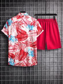 Manfinity RSRT Men Beach Outfits Tropical Print Shirt & Drawstring Waist Shorts Without Tee, Vacation, Cozy Outfits - Multicolor - View 2