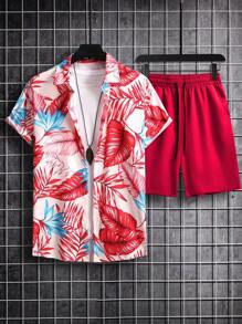 Manfinity RSRT Men Beach Outfits Tropical Print Shirt & Drawstring Waist Shorts Without Tee, Vacation, Cozy Outfits - Multicolor - View 5