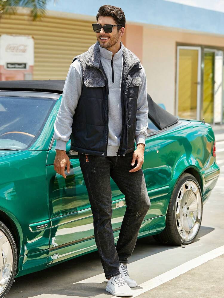 男士翻蓋口袋背心棉服背心 - 彩色 - 查看 3