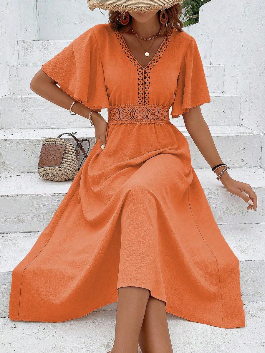 SHEIN Holidaya Guipure Lace Insert Butterfly Sleeve Dress Maxi Vacation ...