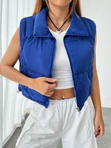 SHEIN EZwear Zip Up Crop Vest Padded Coat - Royal Blue - View 3