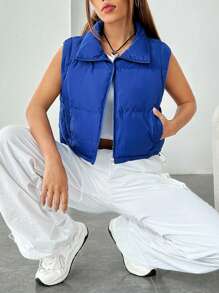 SHEIN EZwear Zip Up Crop Vest Padded Coat - Royal Blue - View 1