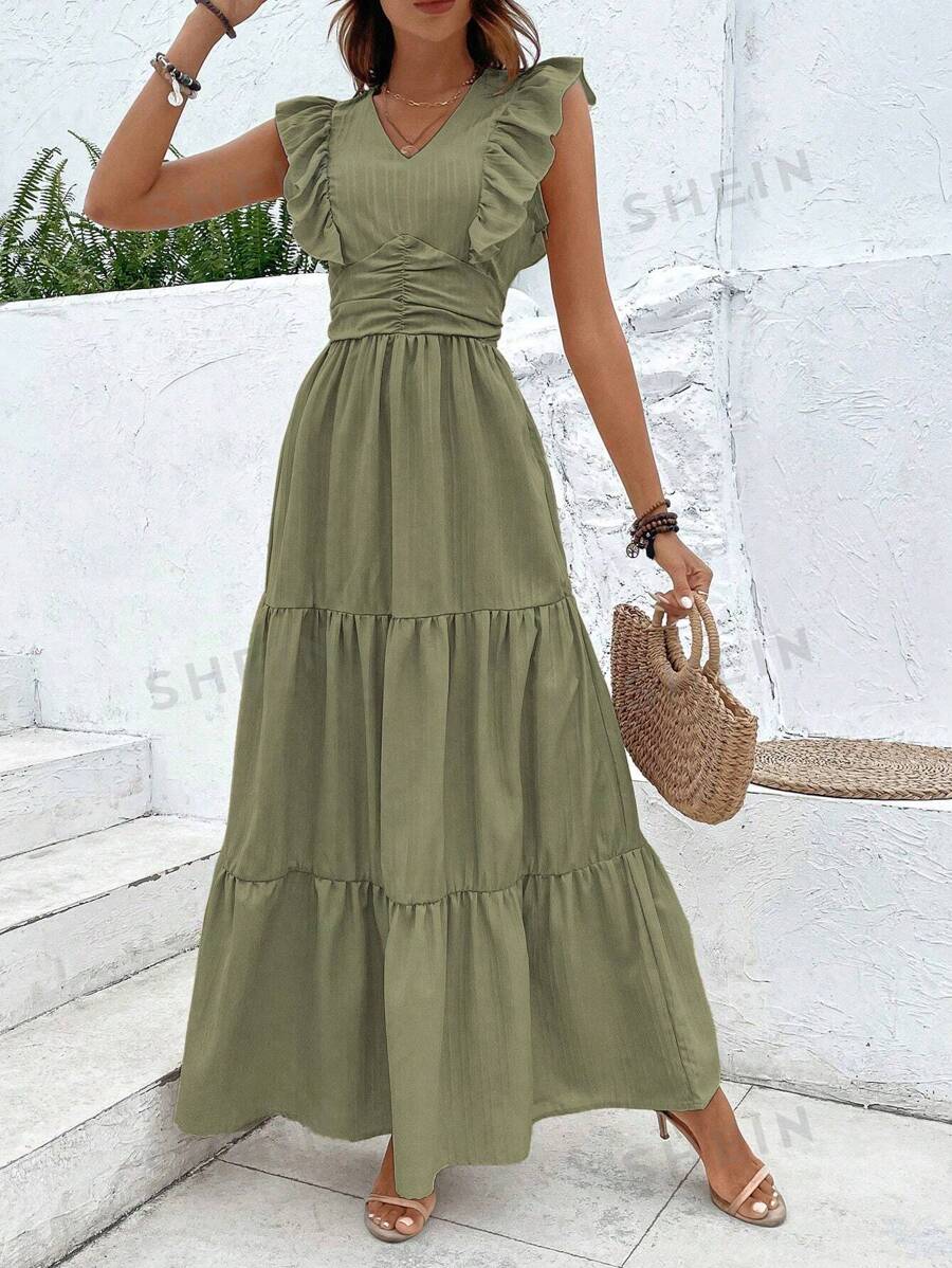 Breezaya Rochie cu volane cu volane - Verde Armată - Vizualizare 1