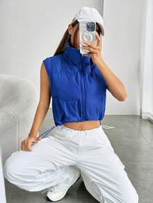 SHEIN EZwear Zip Up Crop Vest Padded Coat - Royal Blue - View 5