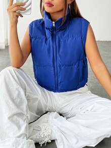 SHEIN EZwear Zip Up Crop Vest Padded Coat - Royal Blue - View 6