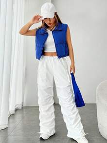 SHEIN EZwear Zip Up Crop Vest Padded Coat - Royal Blue - View 7