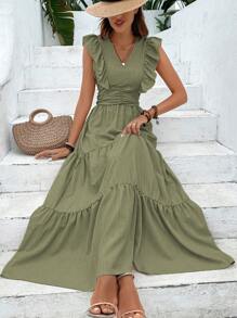 Breezaya 荷葉邊褶邊荷葉邊連衣裙 - 軍綠色 - 查看 3