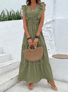 Breezaya 荷葉邊褶邊荷葉邊連衣裙 - 軍綠色 - 查看 4