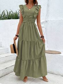 Breezaya 荷葉邊褶邊荷葉邊連衣裙 - 軍綠色 - 查看 5