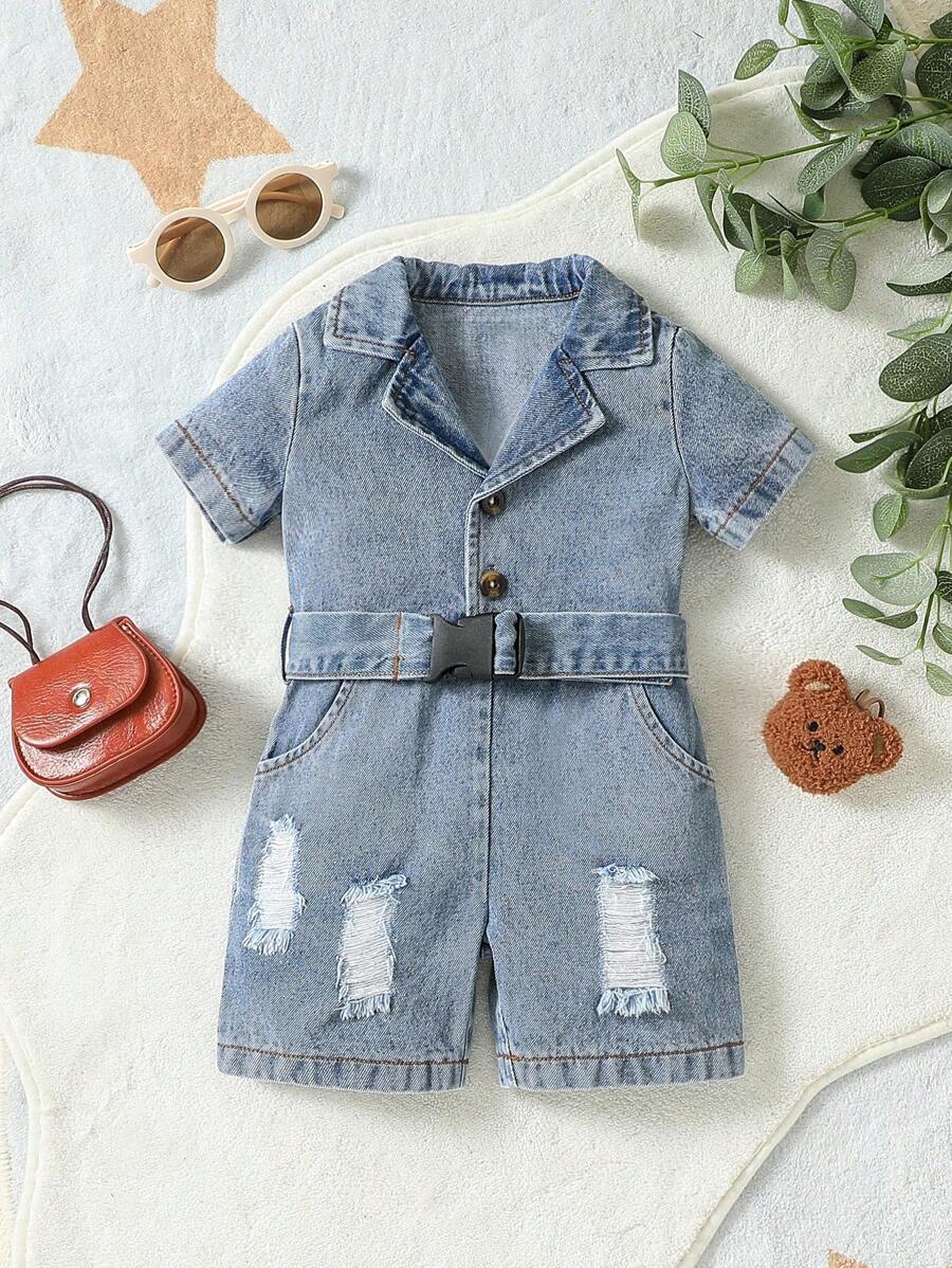 Baby Girl Ripped Lapel Collar Belted Shirt Romper - Blue - View 1