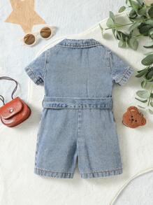 Baby Girl Ripped Lapel Collar Belted Shirt Romper - Blue - View 2