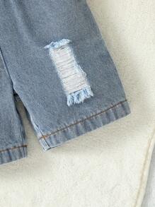 Baby Girl Ripped Lapel Collar Belted Shirt Romper - Blue - View 3