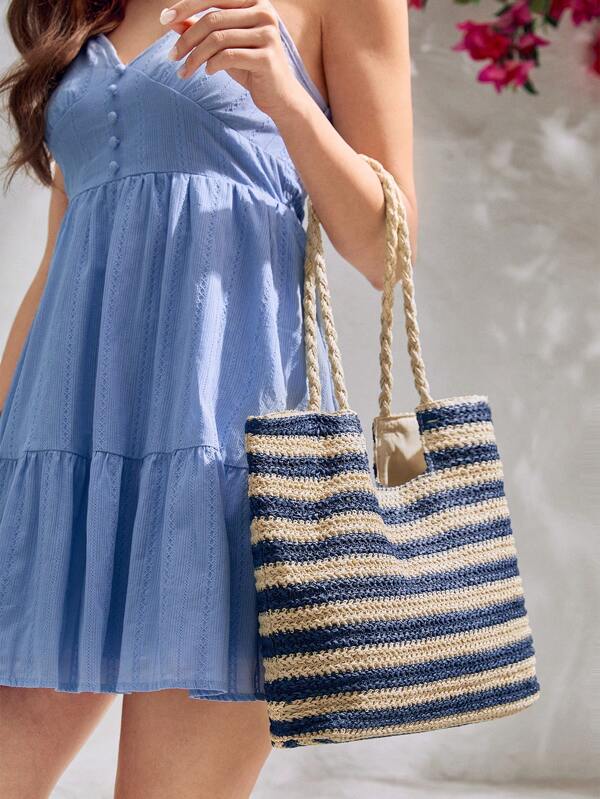 SHEIN VCAY 條紋圖案編織草編包帶大容量,合適的適用於度假&海灘