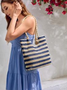 SHEIN VCAY 條紋圖案編織草編包帶大容量,合適的適用於度假&海灘 - 彩色 - 查看 7