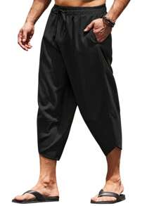 Nam Chất rắn Eo dây rút Quần Capris - màu đen - Xem 1