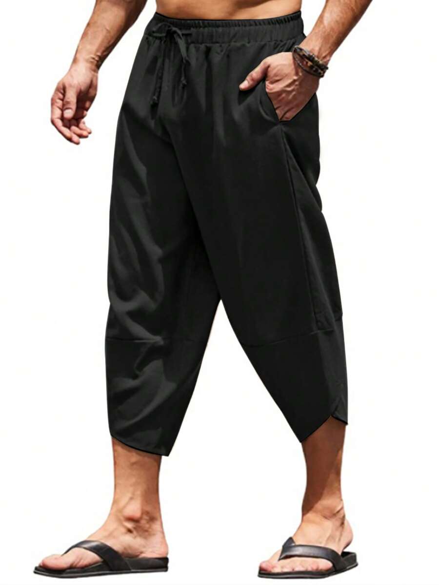 Nam Chất rắn Eo dây rút Quần Capris - màu đen - Xem 1