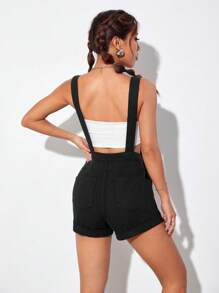 SHEIN PETITE Letter Patched Detail Denim Overalls Without Tube Top - Black - View 2
