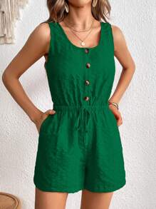 SHEIN VCAY Mono con botón delantero de cintura con nudo - Verde - Ver 3